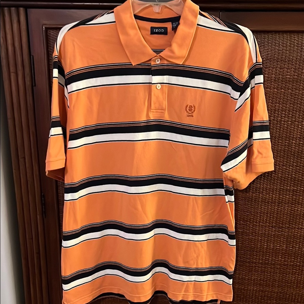 Izod Orange, Navy and White Polo Shirt Sporty Striped Design